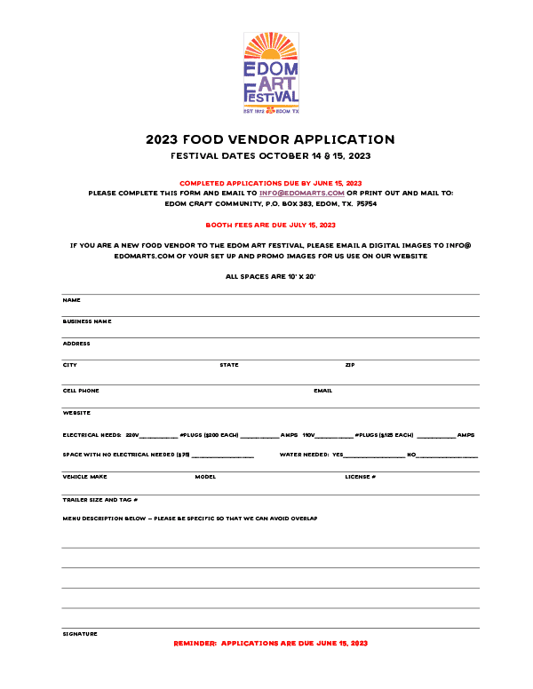 Food Vendor Application Edom Art Festival